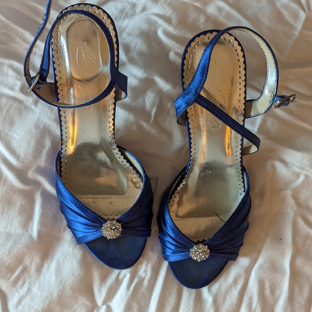 Dyeable satin shoes in Tardis blue with sparkling bobble, size 7.5 US.